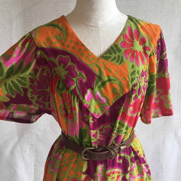 Vintage 90s Mumu 70s Dress Tropical Print Cotton - Picture 5 of 8